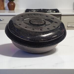 Oval Roaster Pan Extra Large w/ Lid Black Speckled Enamel 15" x 11" x 7" Turkey
